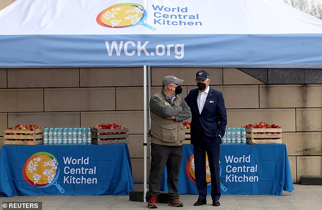 World Central Kitchen was founded by famous chef José Andrés.  Here he appears with President Joe Biden, who saw his work in Warsaw, Poland, helping Ukrainian refugees.