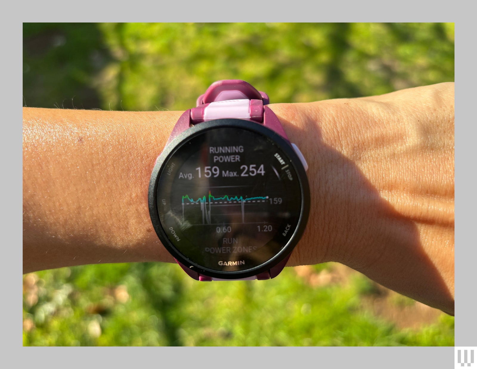 Digital wristwatch screen with running power statistics
