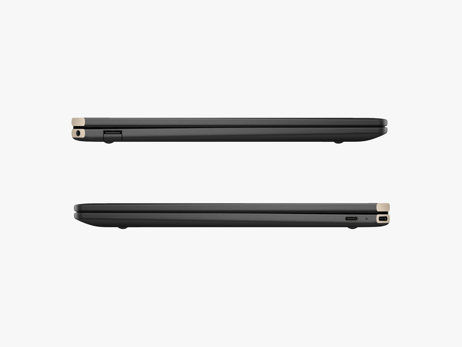 2 side views of a thin black laptop in closed position