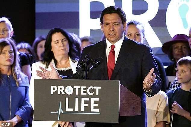 Florida Governor Ron DeSantis speaks to supporters before signing the 15-week abortion ban in 2022. He also signed a six-week abortion ban in April 2023.