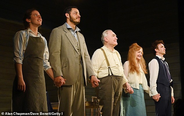 Cast members Louisa Harland, Daryl McCormack, Brian Cox, Patricia Clarkson and Laurie Kynaston bow before the curtain.