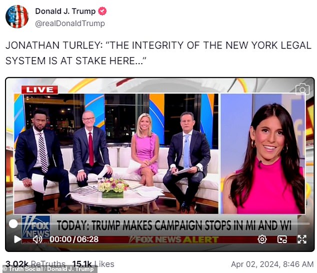 Trump maintains that the gag is unconstitutional. He posted a clip of the Fox host making some of the same claims about Judge Merchan's daughter.