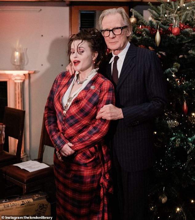 The London Library Christmas party wasn't without familiar faces, and Bill Nighy stopped by (photo with Helena Bonham-Carter)