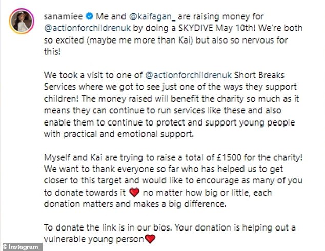Sanam told her more than 400,000 followers: '@kaifagan_ and I are raising money for @actionforchildrenuk by doing a SKYDIVE on May 10!'