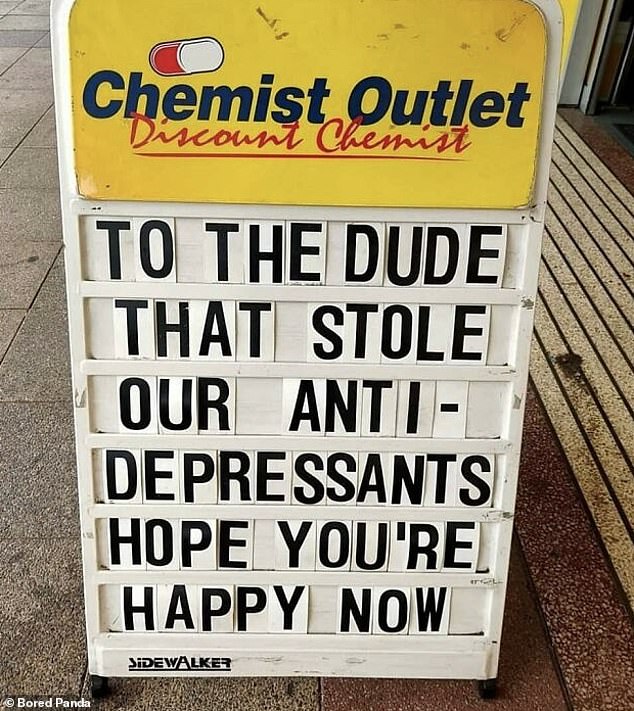 Chemist humor!  This notice, spotted in Rockdale, New South Wales, made many locals laugh.