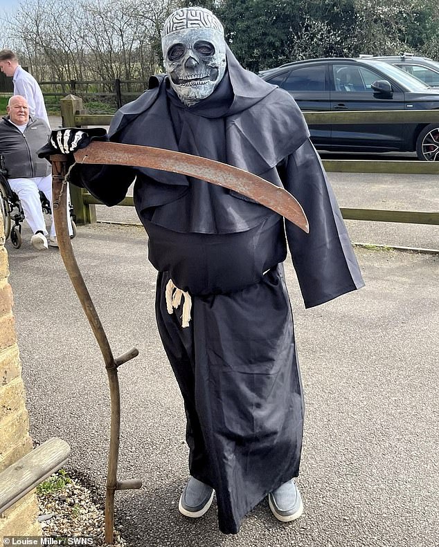 Kenny Rossington, a family friend of Sharon Taffs, is pictured wearing a Grim Reaper costume at her funeral after promising to do so.