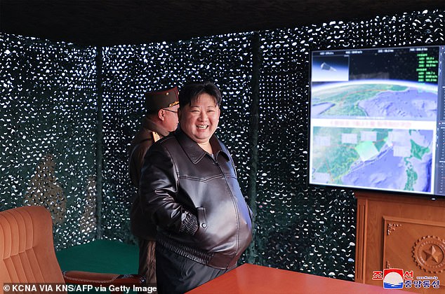 Kim wore an all-black suit as he oversaw the testing of his new hypersonic missiles.