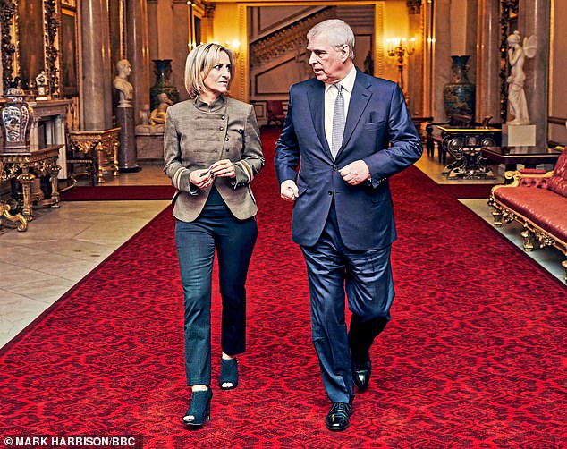 Pictured: Prince Andrew gives Emily Maitlis a tour of Buckingham Palace after finishing filming his Newsnight interview.