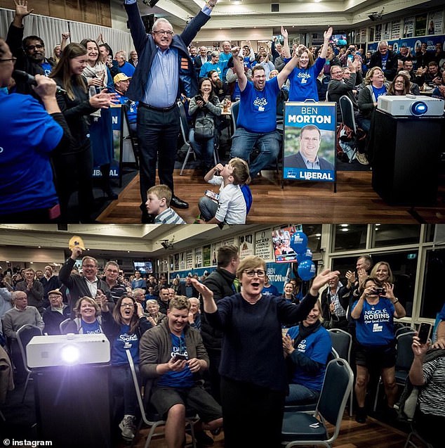 Following the alleged rape, Ms Higgins worked in Perth with Senator Reynolds in the run-up to the 2019 federal election (pictured is a photo Ms Higgins shared from Perth on election night; appears in top left).