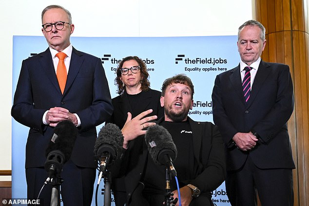 Anthony Albanese abandoned his predecessor Bill Shorten's plan in 2019 to eliminate negative gearing for future property purchases and halve the 50 per cent capital gains tax discount (pictured, far left and far right, in 2022 with Social Services Minister Amanda Rishworth, and then Australian of the Year Dylan Alcott)