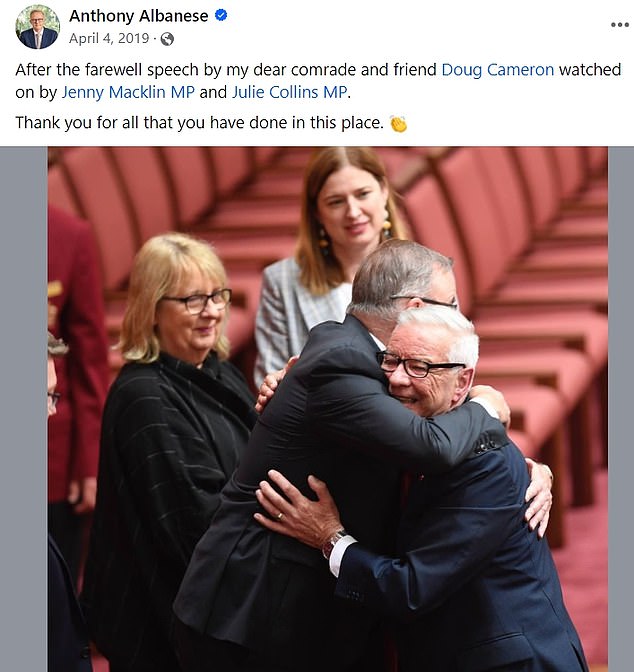 Albanese was photographed hugging Cameron in April 2019 when he gave his final speech in the Senate.