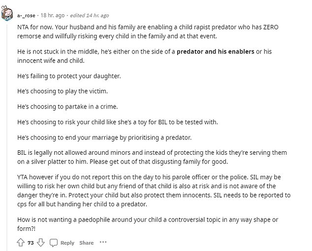 Reddit users criticized the woman's husband and family. They also praise her for doing everything she can to protect her daughter.
