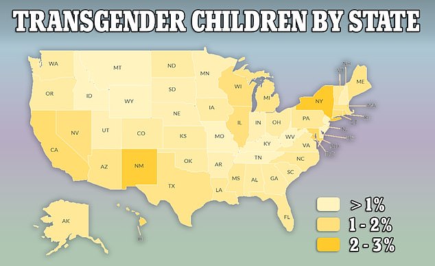 The map above shows the proportion of children ages 13 to 17 who identified as transgender by state, with darker colors indicating a higher proportion of youth.
