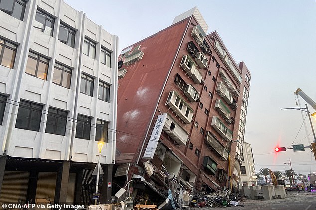 This photo taken by Taiwan's Central News Agency (CNA) on April 3, 2024 shows a damaged building in Hualien, after a large earthquake hit eastern Taiwan.