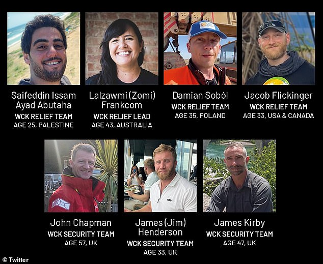WCK shared photos of the seven murdered volunteers (pictured) and said: 'We are recovering from our loss. The loss of the world
