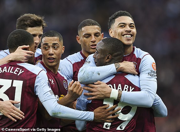 BIRMINGHAM, ENGLAND - MARCH 30: Moussa Diaby of Aston Villa celebrates scoring the opening goal with Morgan Rogers Youri Tielemans Leon Bailey Pau Torres and Diego Carlos during the Premier League match between Aston Villa and Wolverhampton Wanderers at Villa Park on March 30 2024 in Birmingham. England. (Photo by Lee Parker – CameraSport via Getty Images)