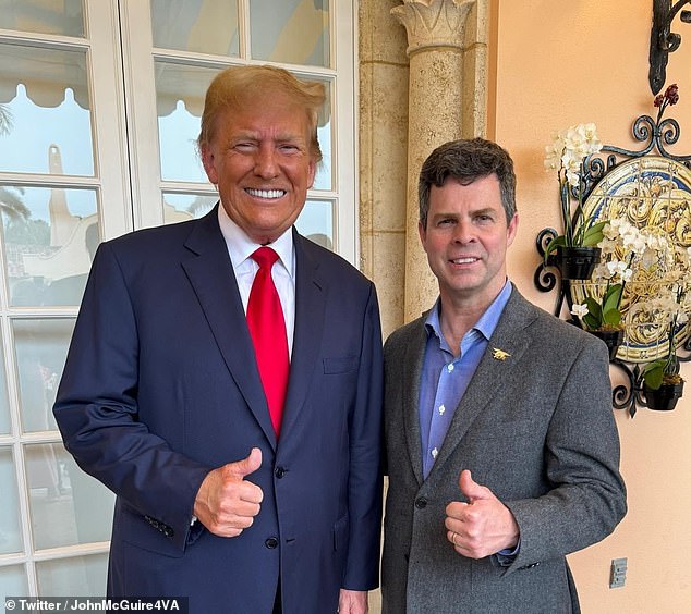 John McGuire claims he is the candidate most aligned with Trump after Representative Good said in the 2016 election that Donald Trump was his last choice for president and then endorsed his main competitor, Florida Governor Ron DeSantis, in 2024.  Pictured: Virginia Congressional candidate John McGuire with Donald Trump.