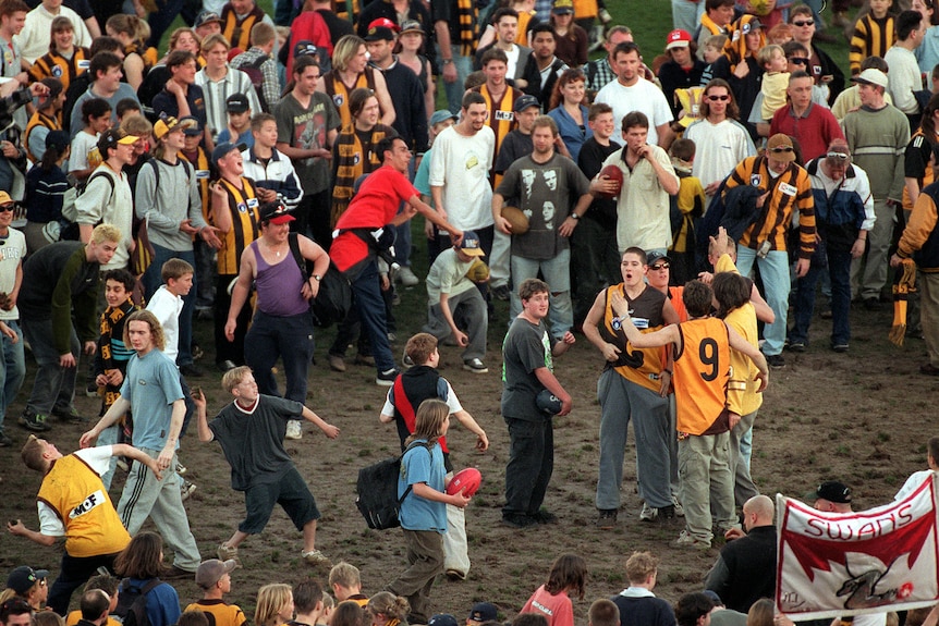 Fans throwing dirt at Waverley Park's final match.