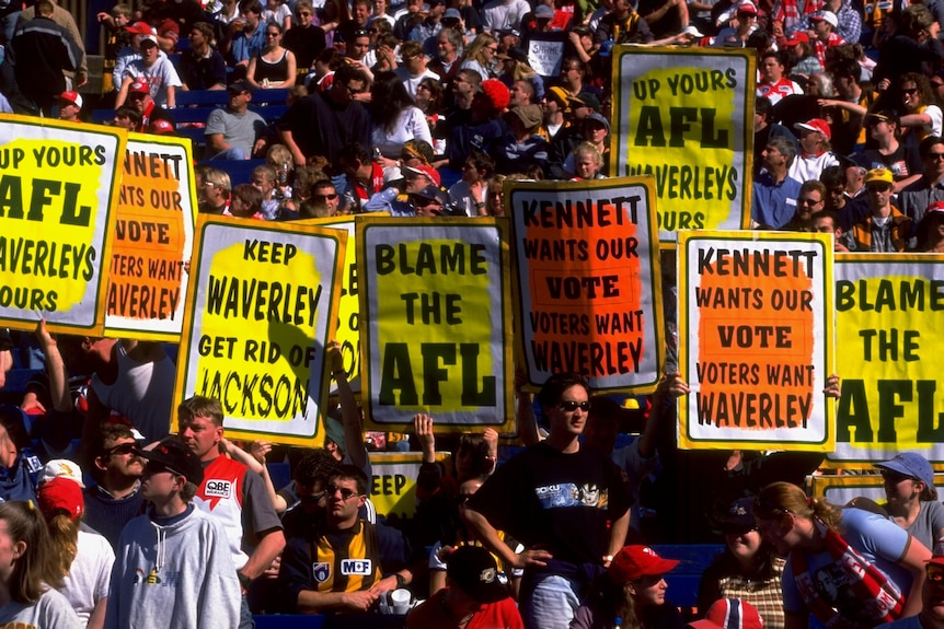 Protesters at the last AFL game played at Waverley Park
