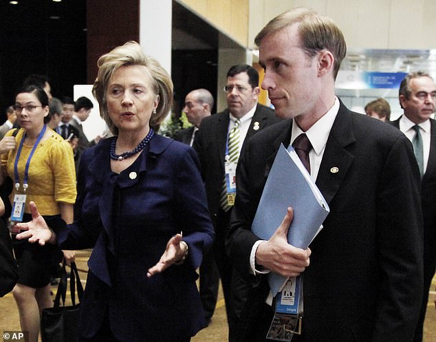 Then-Secretary of State Hillary Rodham Clinton walking with then-Deputy Chief of Staff Jake Sullivan in November 2009.