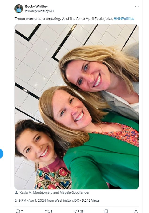 State Senator Becky Whitley (top center) announced she is running for the congressional seat; Whitley posted a photo of the White House Easter egg roll with Maggie Goodlander (left) and Kayla Montgomery, a top Planned Parenthood official (right).