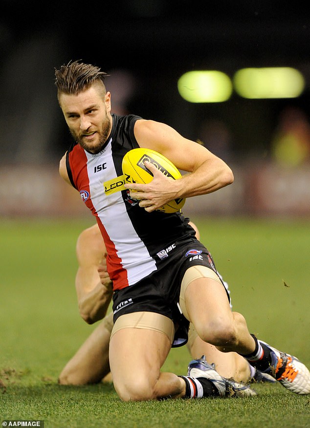The 41-year-old (pictured playing for St Kilda in 2014) trafficked cocaine and a kilo of methamphetamine between Victoria and Western Australia.