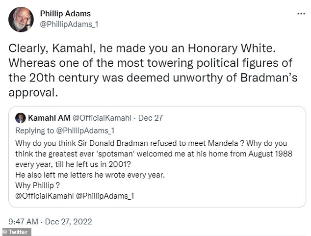 In a widely shared tweet posted in 2022, Adams contrasted Bradman's 13-year friendship with Kamahl with his reluctance to meet former South African president Nelson Mandela.