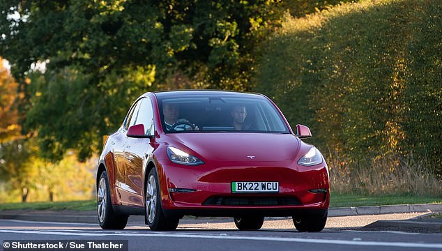 Gasoline-electric hybrid cars had a 14 percent market share in March, compared with 9.5 percent for electric vehicles, new data from the Federal Chamber of Automotive Industries released Thursday showed (in the photo, a fully electric Tesla Model Y).