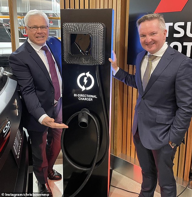 The rise in hybrid sales has come despite Climate Change and Energy Minister Chris Bowen unveiling a New Vehicle Efficiency Standard (NVES) in February designed to discourage sales of hybrids. petrol or diesel engine cars, including hybrids (pictured with Mitsubishi Australia boss).  executive Shaun Westacott)