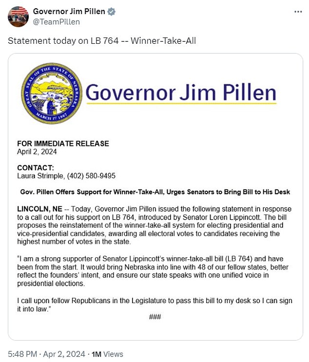 Republican Gov. Pillen says he supports moving to winner-take-all electoral voting system