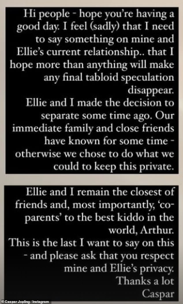 Caspar added: Ellie and I are still the group of friends and, most importantly, 'co-parents' to the best boy in the world, Arthur.