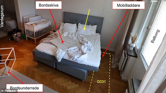 Police have released images of the murder weapon and the crime scene in his bedroom, where Saga's body was found next to his bed (yellow), supposedly buried under a marble table (center, on the bed) . The photo on the left shows the base of the table and on the right, a phone charging cable.