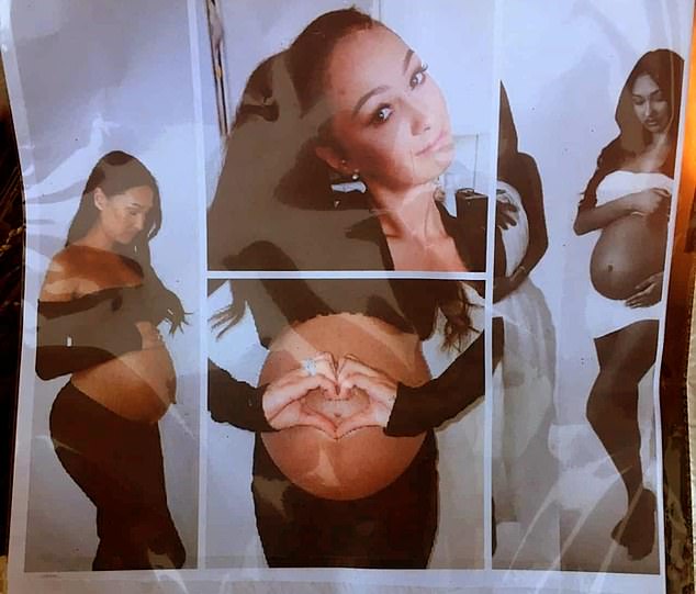A collage of images shows Saga during her pregnancy, lovingly holding her baby bump.