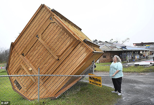 A storage shed in West Virginia was overturned by the strong storm that hit the area the day before