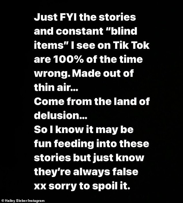 On March 5, Baldwin was so fed up with the '100% incorrect' blind articles about her marriage on TikTok that she posted on Instagram: 'I know it can be fun to feed these stories, but I know they are always false. I'm sorry to spoil it'