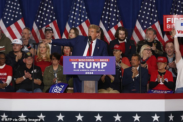 Former US president and 2024 presidential hopeful Donald Trump speaks during a campaign rally at the Hyatt Regency in Green Bay, Wisconsin.