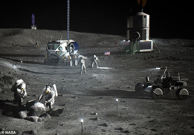 NASA hopes to develop a sustainable lunar exploration program starting in 2028. This artist's illustration shows what NASA's Artemis Base Camp could look like.