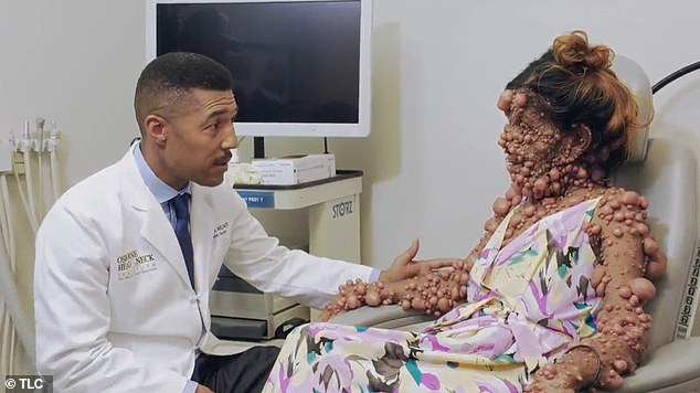 Dr. Osborne speaks with tumor patient Charmaine Sahadeo while evaluating her condition on the TLC show Take My Tumor.