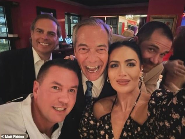 The couple attended the party at Boisdale's in Canary Wharf, where they partied with Farage (centre) and Michael Jackson's former bodyguard Matt Fiddes (bottom left).