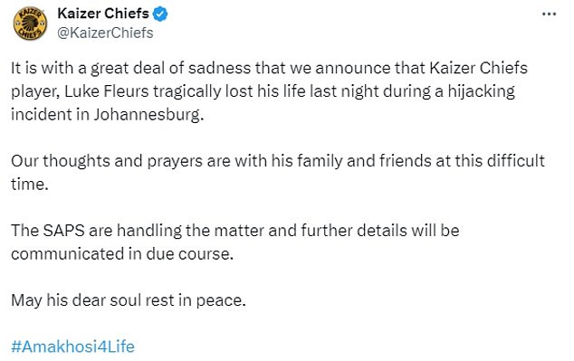 Kaizer Chiefs paid tribute to Fleurs and sent their condolences to his family and friends