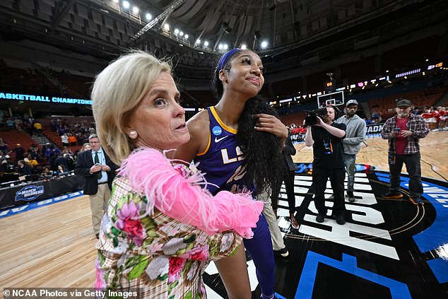 LSU Tigers head coach Kim Mulkey celebrates with Angel Reese after a Sweet 16 victory