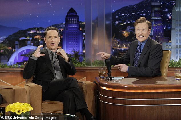 The 60-year-old comedian will return to NBC's late-night show, now hosted by Jimmy Fallon, to promote his upcoming Max series, Conan O'Brien Must Go, on Tuesday; photographed with Tom Hanks in January 2010.
