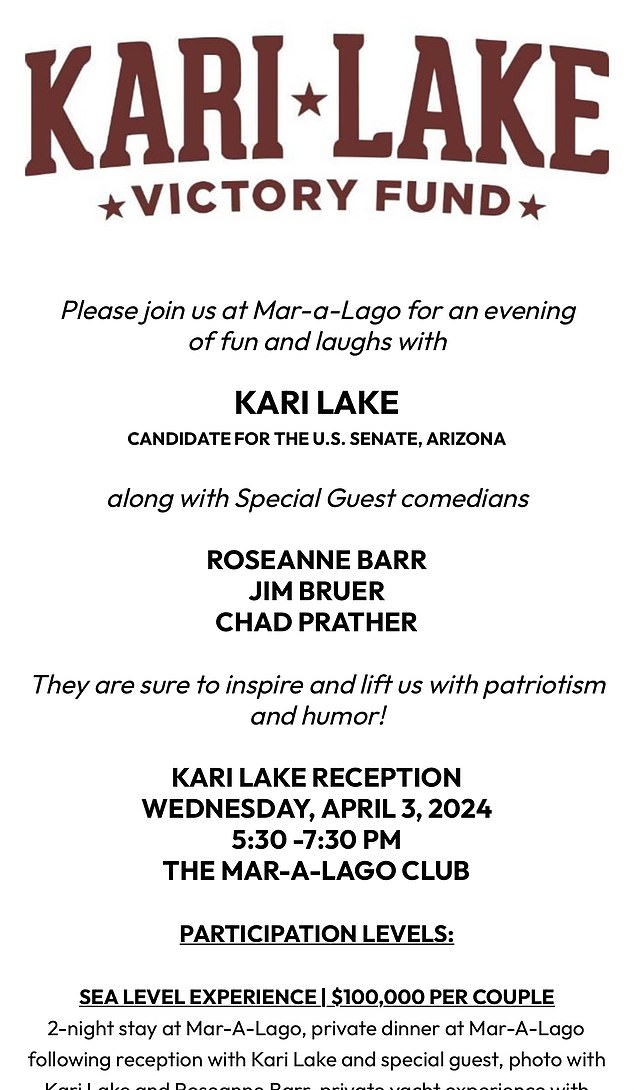 Lake campaign officials said the night raised $1 million for his fight in Arizona, with ticket prices topping $100,000 for a couple.