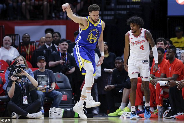Thompson dropped 29 points against the Rockets, including 7 of 11 three-pointers, to boost the Warriors' playoff hopes.