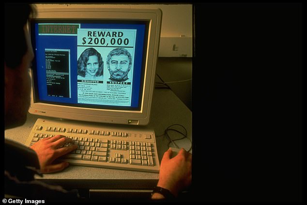 Macintosh computer screen displaying a reward poster, via Internet bulletin board service, by Klass
