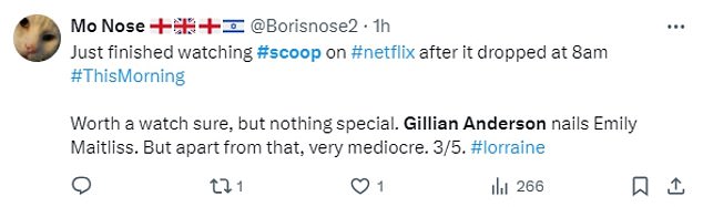 In a slightly less positive review, one user wrote: 'Just finished watching Scoop on Netflix.  It's worth seeing, but nothing special.