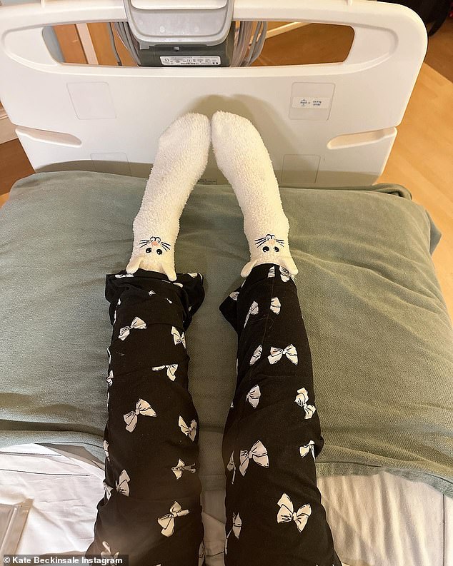 The 50-year-old actress took to her Instagram to post photos of herself wearing bunny socks in bed, almost two weeks after revealing that she had been hospitalized for undisclosed reasons.