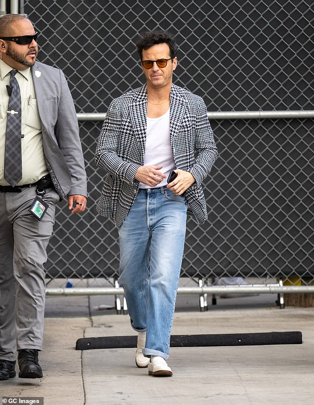 Andrew added white loafers and retro dyed auburn shades.