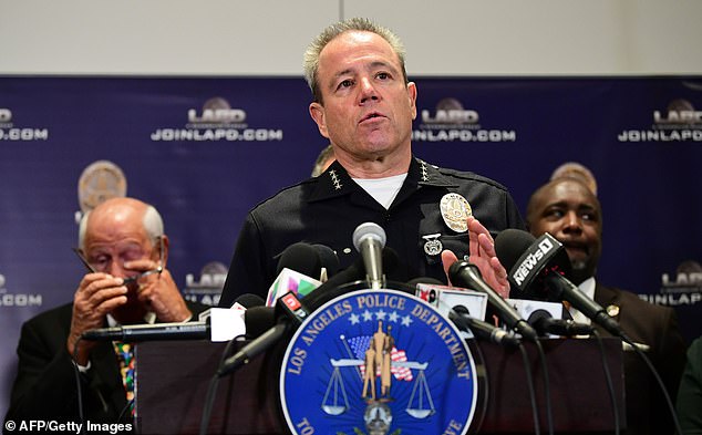 Archive photo.  Then-LAPD Chief Michael Moore speaks to the media at LAPD headquarters about an unrelated case, April 2, 2019.