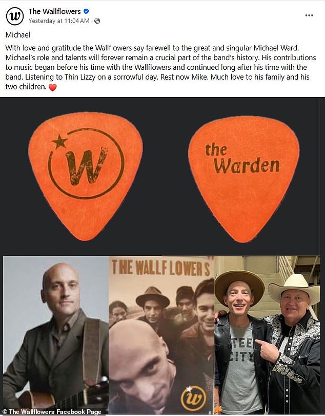 The Wallflowers wrote on Facebook on Wednesday: 'His contributions to music began before his time with the Wallflowers and continued long after his time with the band.  Listening to Thin Lizzy on a sad day.  Rest now Mike.  Much love to his family and his two children.